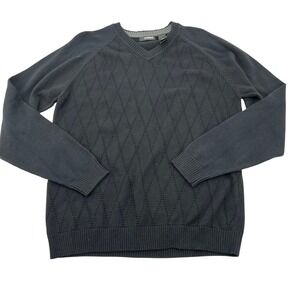 Claiborne Mens V Neck Argyle Cabincore Sweater Black Medium Cotton Long‎ Sleeve